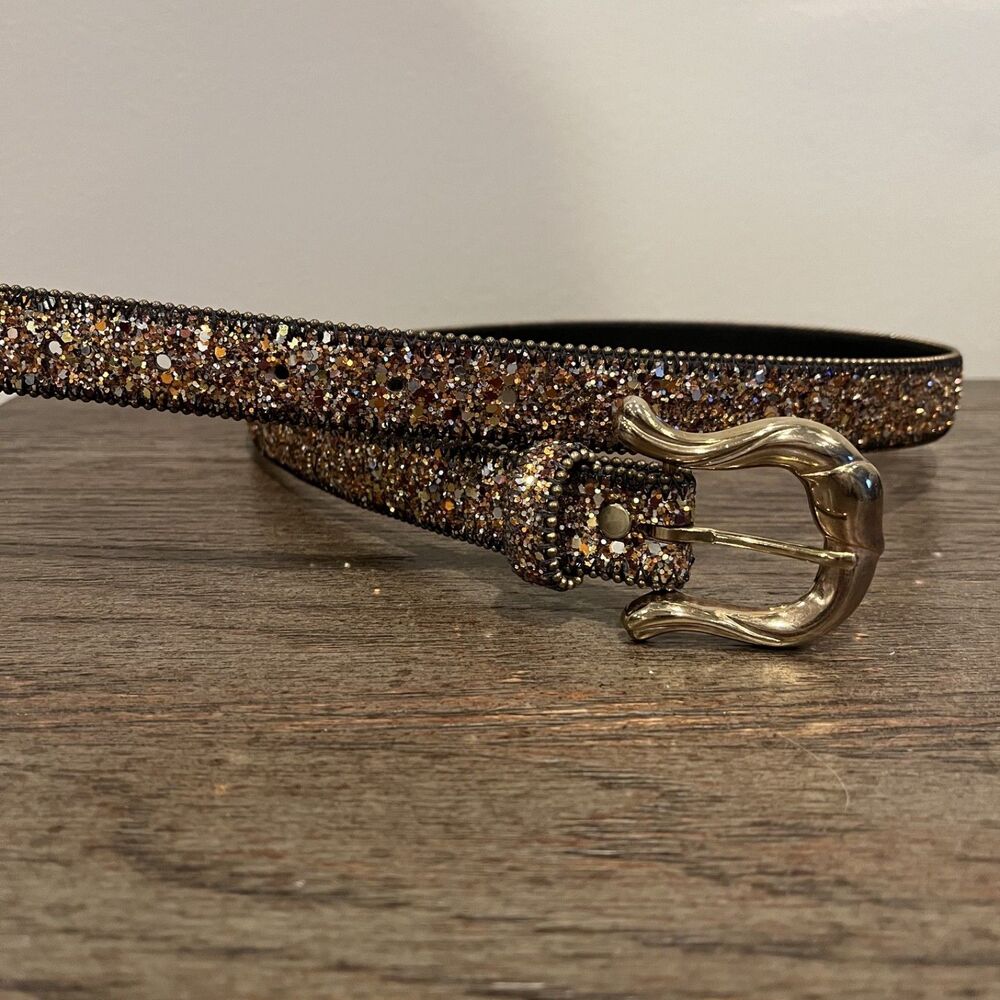 Women's M/L 36" Gold Glitter Skinny Belt With Gold Buckle, Bonded Leather Stud